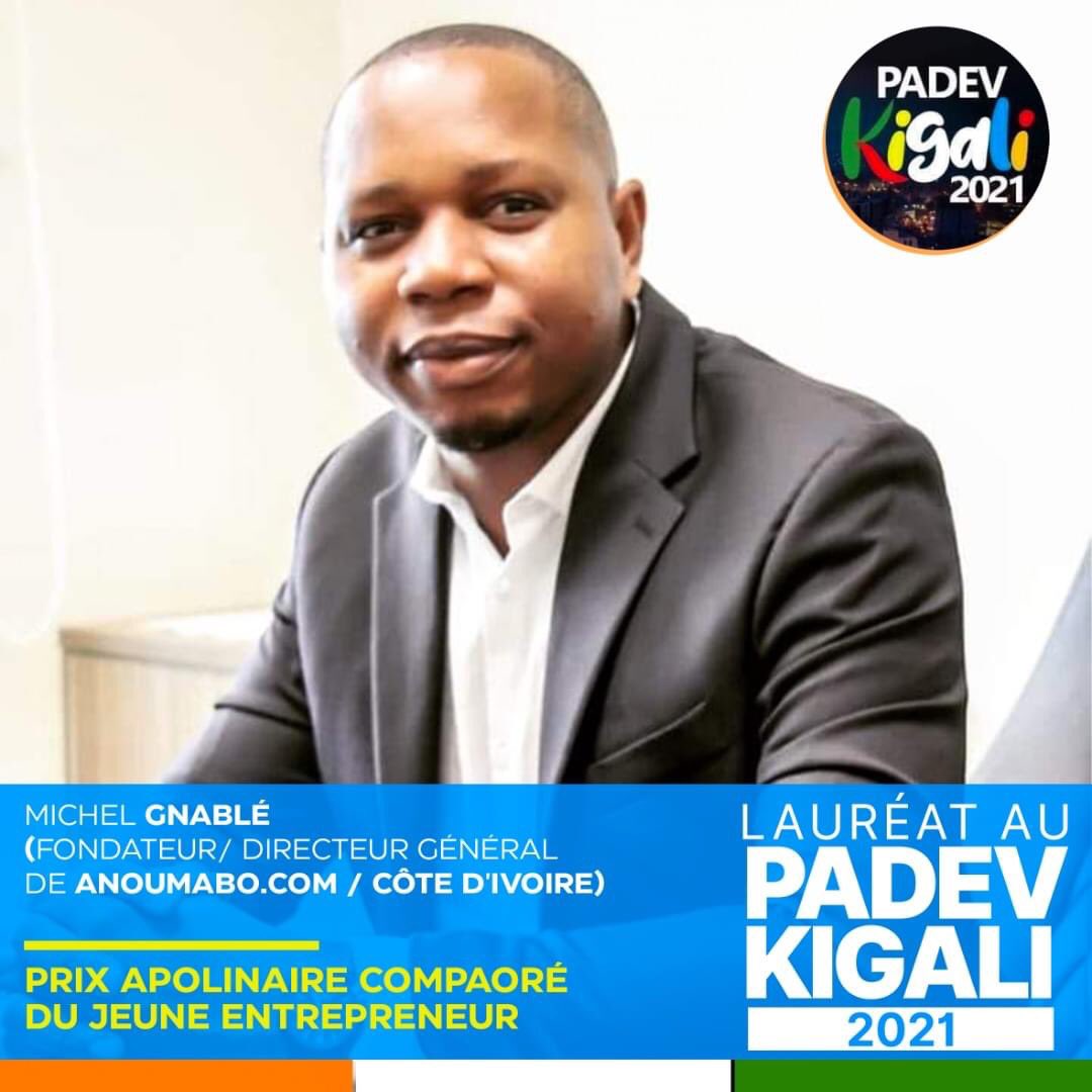 lauréat du prix'APOLINAIRE COMPAORÉ DU JEUNE ENTREPRENEUR'au PADEV KIGALI 2021.  
Cette distinction aura lieu lors du'PADEV KIGALI 2021'plateau le plus prestigieux qui consacre les hommes et les femmes  qui font la fierté du continent, du 24 au 27 septembre 2021 à Kigali (Rwanda)
