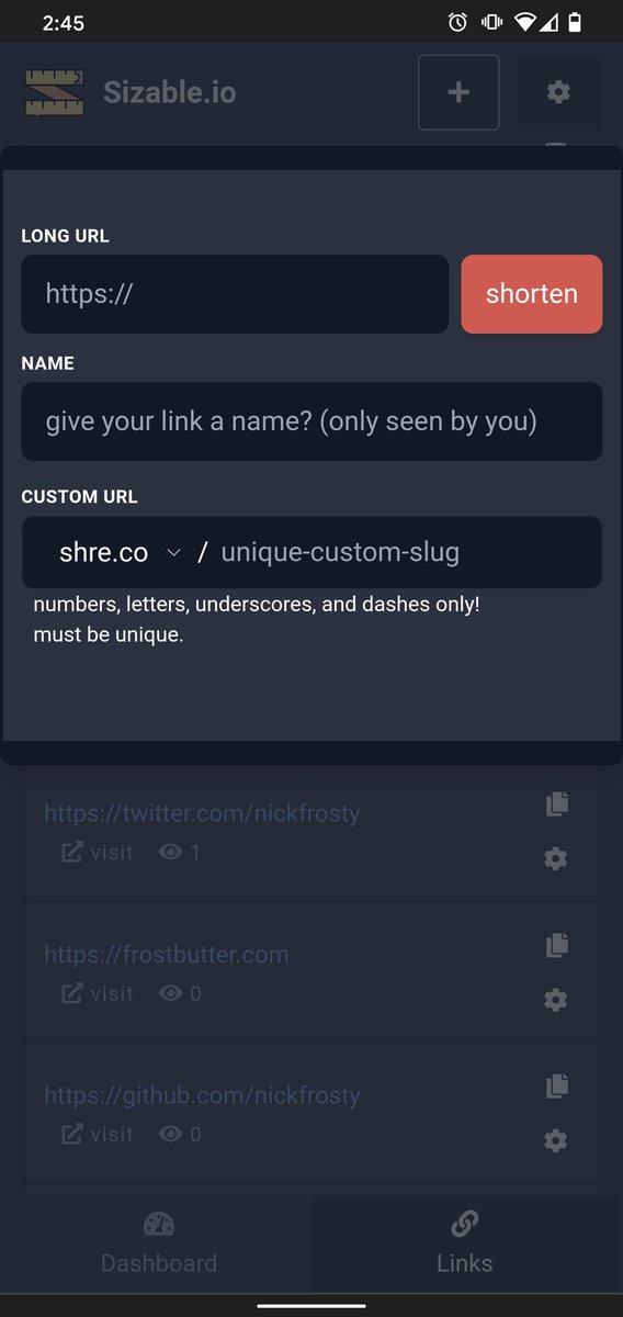 nickfrosty's tweet image. Pushed an update to sizable.io for the first time after a while. I think the MVP is just about done! #buildinpublic #SaaSdeveloper #urlshortener
