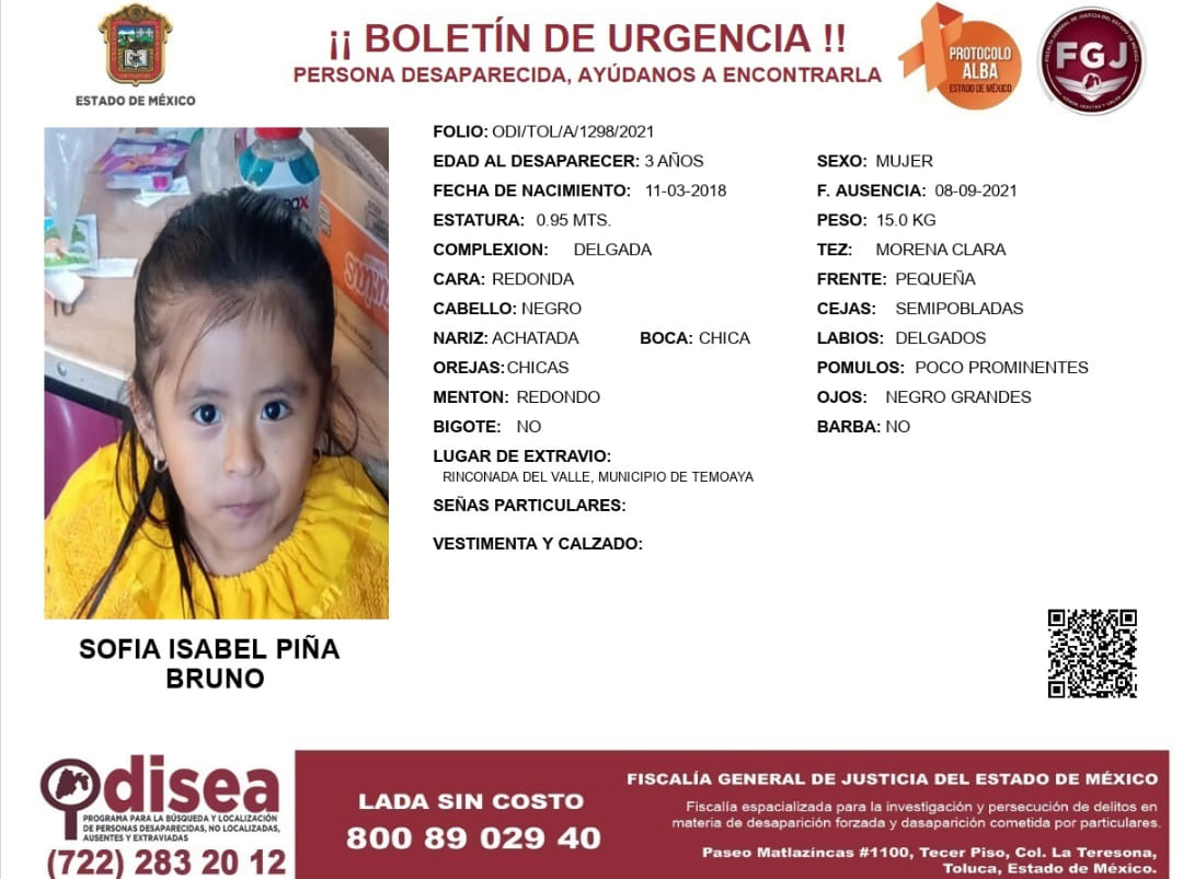 ¡COMPARTE! Posiblemente gracias a ti podamos localizar a Sofía Isabel Piña Bruno, de 3 años de edad, fue vista por última vez el día 08 de septiembre de 2021, en Rinconada del Valle en el municipio de #Temoaya #Edomex