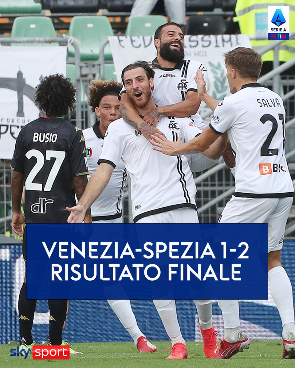 SkySport's tweet photo. VENEZIA-SPEZIA 1-2
Risultato finale
➖
⚽ #SimoneBastoni (13')
⚽ #Ceccaroni (59')
⚽ #Bourabia (90+3')
➖
➡ https://t.co/WKMAtjeyA4
🇮🇹 Serie A - 4^ Giornata
➖
#SkySerieA #SerieA #SkySport #VeneziaSpezia #Venezia #Spezia #Calcio #Football https://t.co/O55sq1x8aj