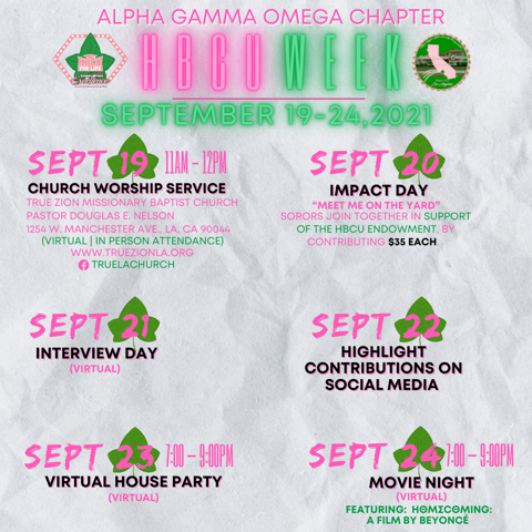 AKAAGO1927's tweet photo. Join the ladies of Alpha Gamma Omega for HBCU Week, September 19-24 as we celebrate and support HBCUs. #akaago1927 #akafwr #AKA1908 #hbcu4life #hbcuweek https://t.co/yRk65SPSlv