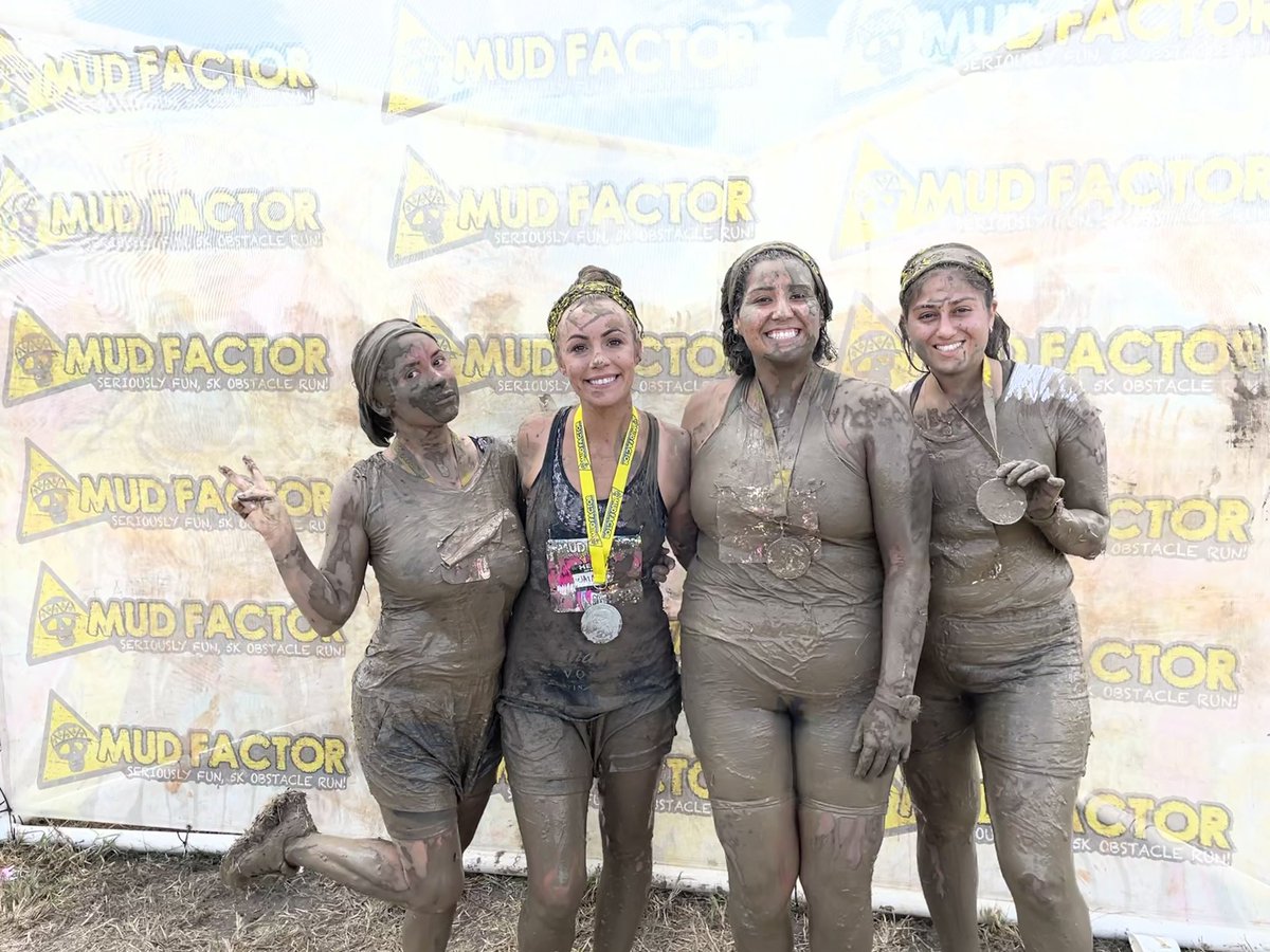 MrsHinchART's tweet photo. I've done the Turkey Trot with an old co-worker (Charlotte Holloway), a hot chocolate run with my principal @ShashawnC , and now a mud run with old &amp; current co-workers! What's in store for me next?! 🤔 🏃‍♀️🥇🐾 #thompsonisexcellence #mudrun #mudfactor #seriouslyfun https://t.co/4ApO7lLF3V