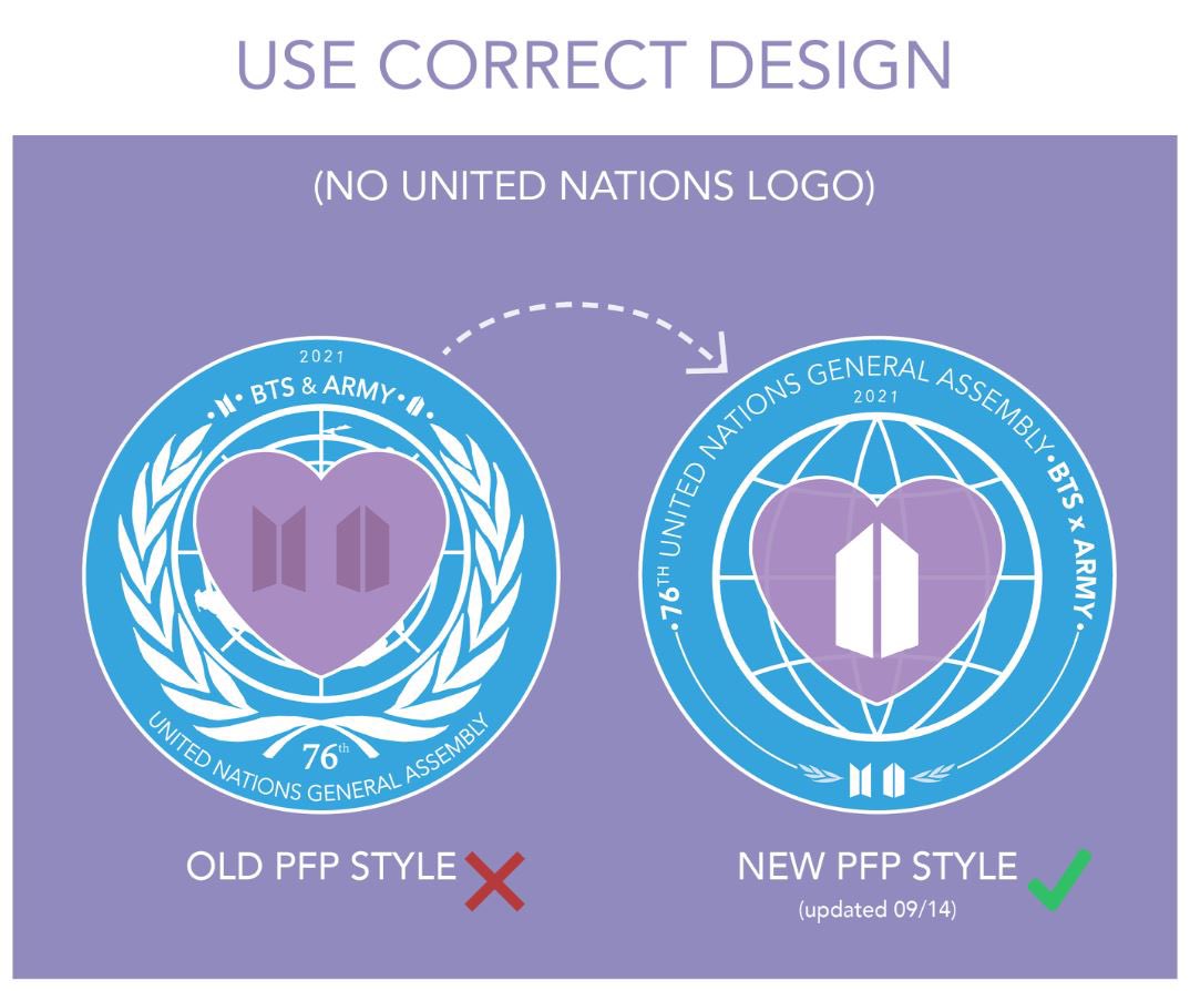 ARMY76thUNGA's tweet photo. [+] Also, please look out for ARMYs using the old design style with the UN logo. 

Please be kind in informing them that the design had to be changed &amp; consider helping them find the new version of their PFP 😊💜🌐

#BTSxARMY76thUNGA https://t.co/1FwIYi7bo0