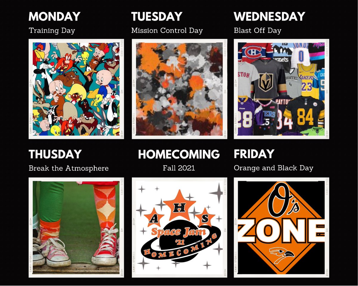 OriolesAHS's tweet photo. Homecoming Spirit Day Themes:
Monday: Training Day (Looney Toon Character)
Tuesday: Mission Control Day:
(Sr-Blue, Jr-Black, So-Grey, Fr-White, Staff-Orange)
Wednesday: Blast Off Day (Sports Jersey) 
Thursday: Break the Atmosphere (Mismatch Day)
Friday: Orange and Black Day https://t.co/n55nuwSt91