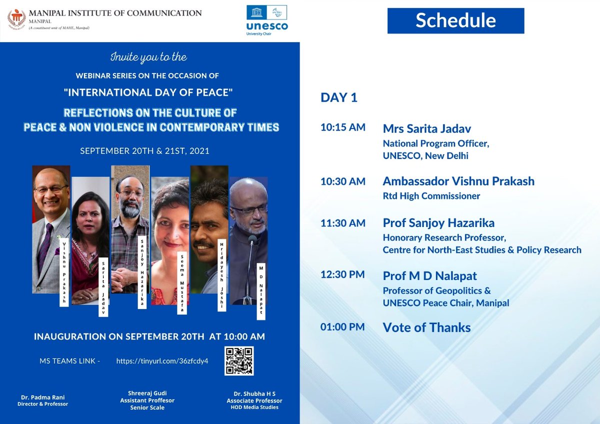 MIC invites you to the two-day webinar series to mark the International Day of Peace, 2021.

We will be joined by experts who will discuss "Reflections on the culture of Peace and Non Violence in Contemporary Times." 

Join us for Day 1 at 10 AM on 20/9: tinyurl.com/36zfcdy4