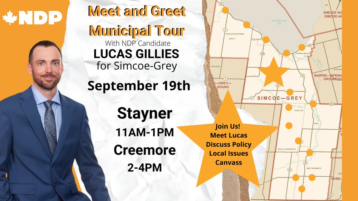 SimcoeGreyNDP's tweet image. Lucas will in Stayner and Creemore today to speak with residents and businesses! Don't forget to go out and vote tomorrow! 🧡 #VoteNDP #simcoegrey #elxn44