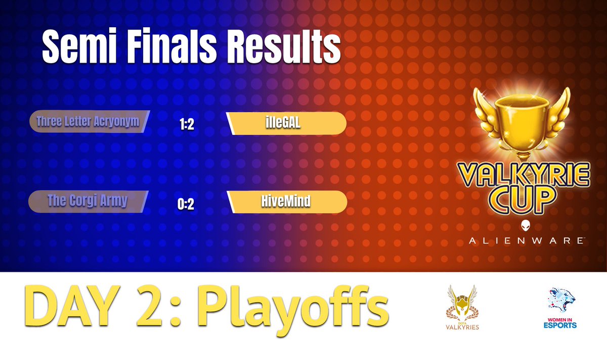 These are the semi finals results - illeGAL and HiveMind are your #ValkyrieCup finalists, while Three Letter Acronym and The Corgi Army will be facing each other for the 3rd place💪 Coming up are the Grand Finals, casted by @SheeverGaming and @ODPixel 📺:twitch.tv/britishesports