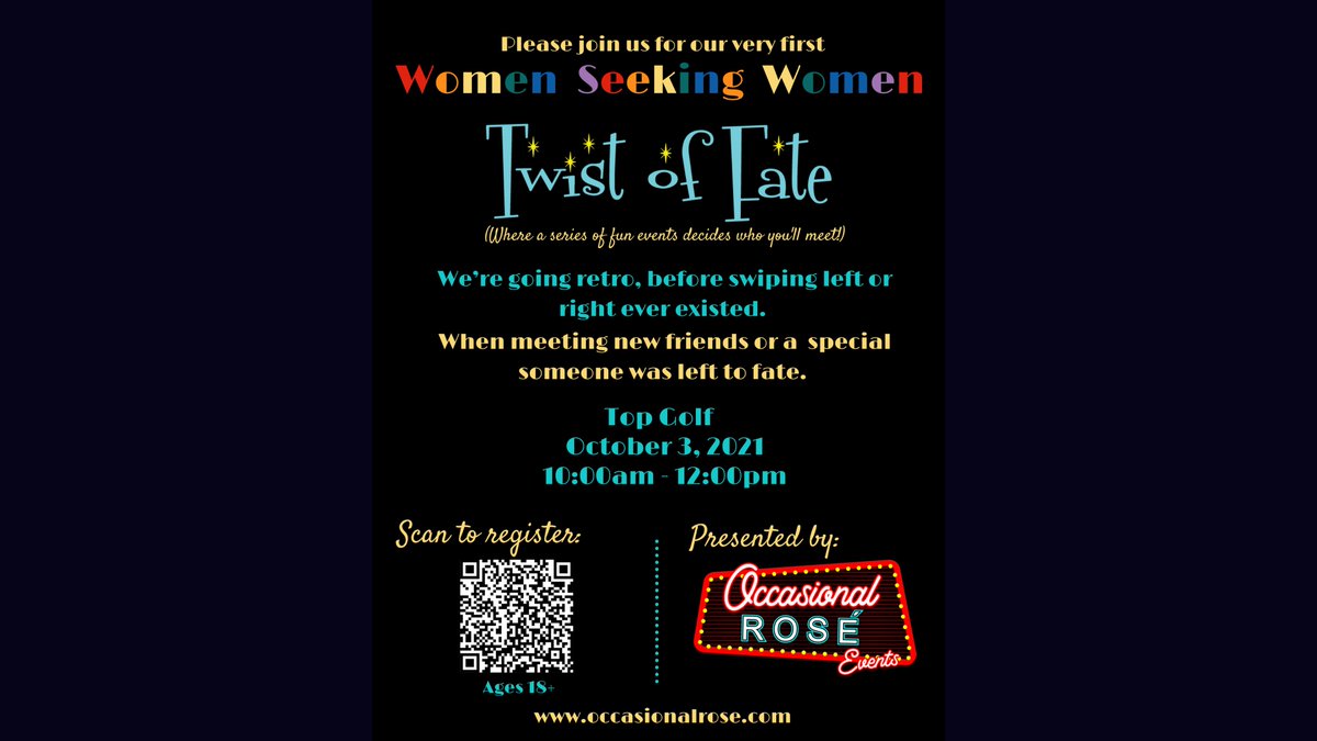 OccasionalRose's tweet photo. We hope to see all of you LGBTQ+ "Women Seeking Women" at our Twist of Fate-Top Golf event! Please see the attached flyer for details or feel free to slide into our DM's with questions. #SLC #SaltLakeCity #Lesbian #LGBTQ #Queer #Utah #Golf #Event #TopGolf #TwistOfFate #Women #fun https://t.co/NnhvwOeBFz