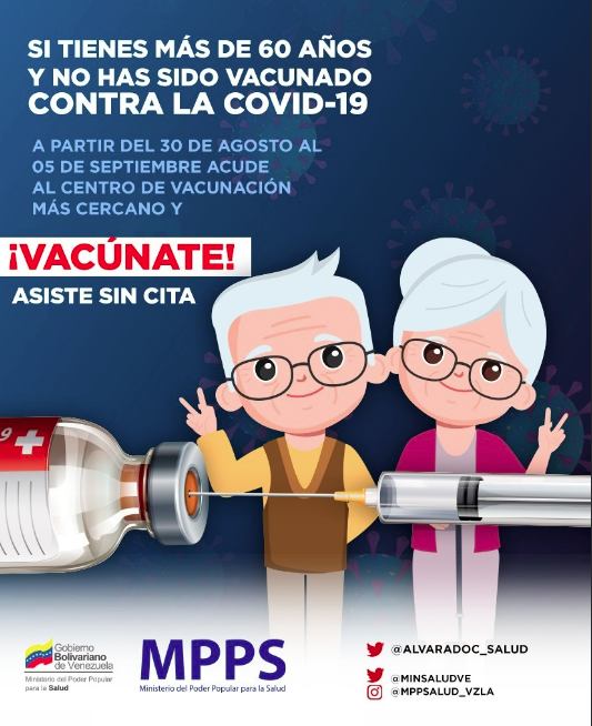 VTVcanal8's tweet photo. #JornadaDeVacunación💉| Si eres mayor de 60 años y aun no has sido inmunizado contra la COVID-19 asiste sin previa cita al centro de vacunación más cercano.

#20Sep https://t.co/uMIBAEvUTs