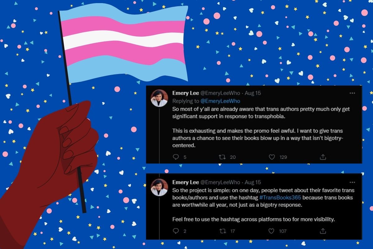 [ID: illustration of a Black hand holding a trans pride flag, set against a blue background with pink, white, and blue dots and hearts. Images of tweets by Emory Lee @EmoryLeeWho are layered over this.]]