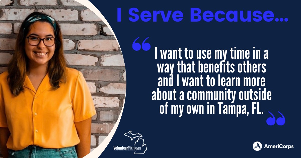 MCSConline's tweet photo. Gillian Olortegui serves with the Michigan Community Service Commission on our MI Community Resilience Program team because she wants to use her time to benefit others and learn about a community! #MIReasonToServe https://t.co/nZ8zqgjQsr