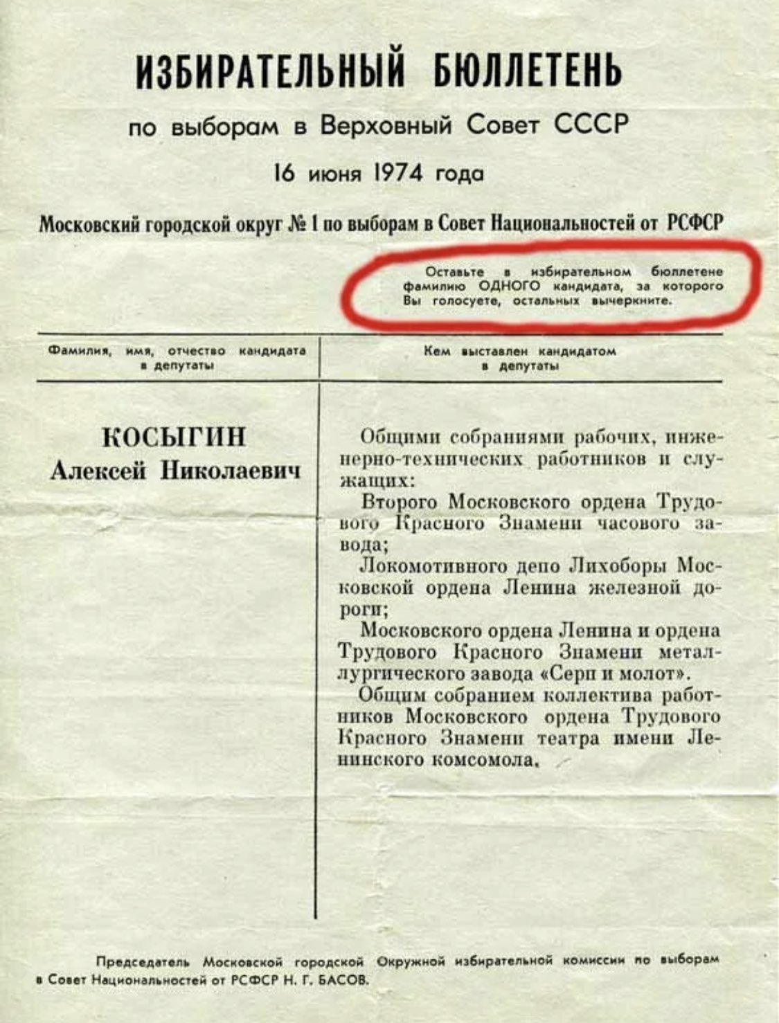 Выборы в Верховный совет СССР 1937 бюллетень