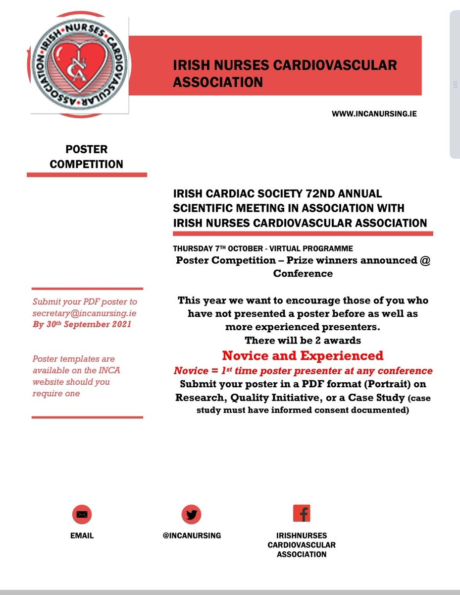 Chest Pain Nurses (INCA) (@chestpaininca) on Twitter photo Enter your poster for <a href="/INCAnursing/">Irish Nurses Cardiovascular Association</a> <a href="/irishcardiacsoc/">IrishCardiacSociety</a> joint conference for the cardiovascular nurses day.Prizes for both novice and experienced poster categories. 10 days until submission❤️ Enter your poster for <a href="/INCAnursing/">Irish Nurses Cardiovascular Association</a> <a href="/irishcardiacsoc/">IrishCardiacSociety</a> joint conference for the cardiovascular nurses day.Prizes for both novice and experienced poster categories. 10 days until submission❤️