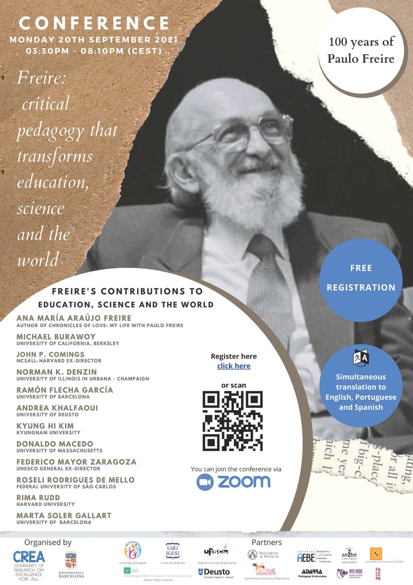 More than 2.500 from all over the world participate in the main event of tribute to Paulo Freire on his centenary
📝Monday 20th
👩‍💻Registration is still open: docs.google.com/forms/d/e/1FAI…
#100PauloFreire