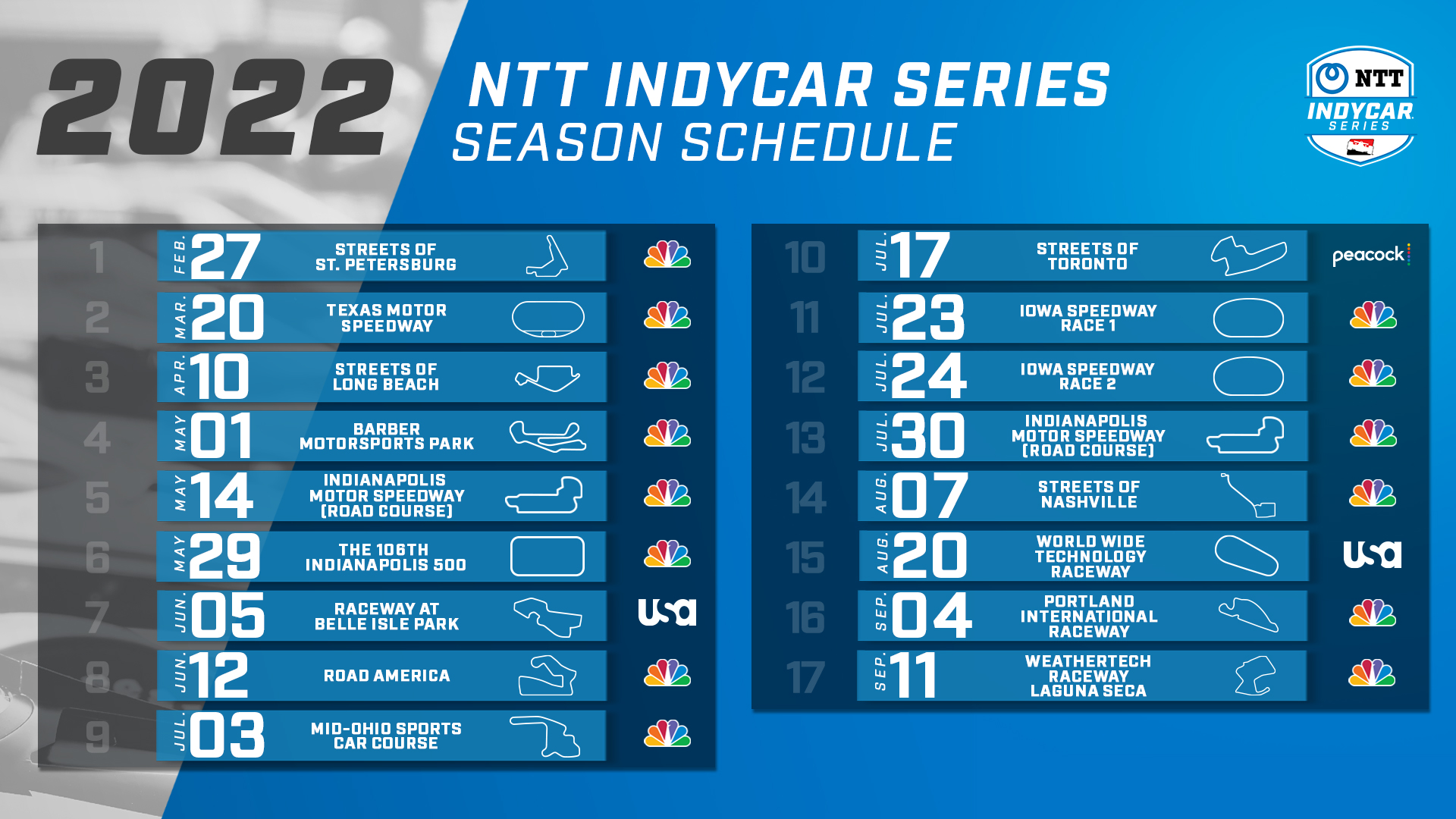 Indycar Schedule 2022 Indycar On Nbc On Twitter: "The 2022 @Indycar Series Schedule Is Here! From  The @Gpstpete To The Finale At @Weathertechrcwy, A Whopping 14 Races Will  Be Broadcast Live On @Nbc. All Races