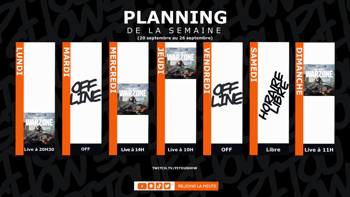 PitouShow's tweet image. Vous l'attendiez la meute, il est la ! 🔥🐶 Le planning de la semaine ! 🗓

@soutienpetitsstreams
@streaminfluencers
@soutienstream
#stream #twitch  #verdansk #callofduty #warzone #battleroyale #pitoushow #kill #top1 #pit #chill #letsgo #livestream #chaud #partagez #semaine
