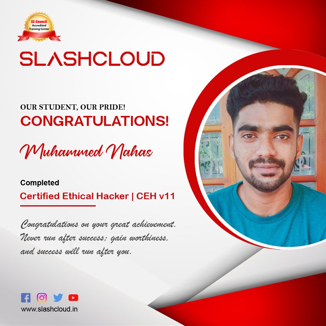 slash_cloud's tweet photo. Everyone has intellect and presence of mind. But only a few students are doing the right thing these days. Congratulations Muhammed Nahas
#eccouncil #CEH #cybersecurity https://t.co/bsL4KYRXAQ