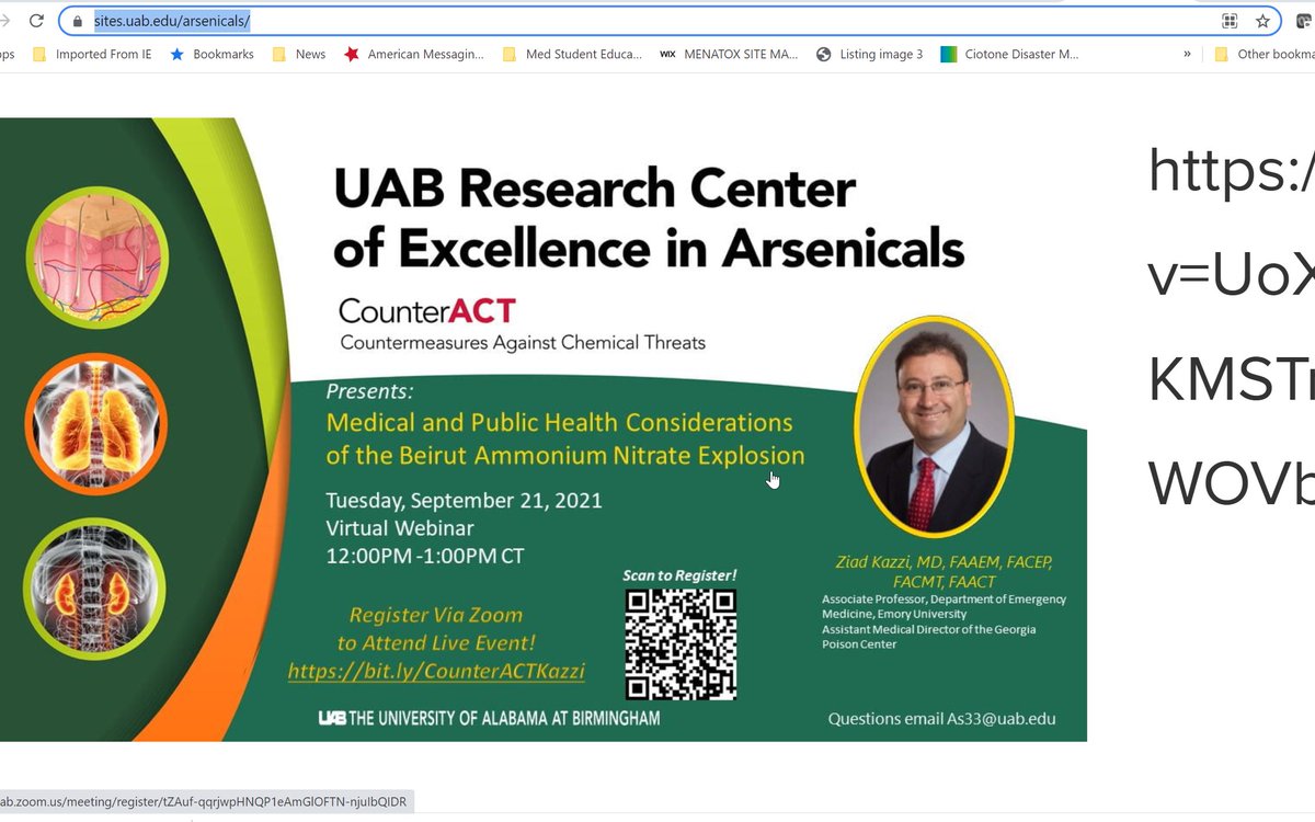 Ziad Kazzi, MD, FACMT, FAACT, FAAEM, FACEP (@ziadkazzi) on Twitter photo Consider registering for webinar <a href="/UABCounterACT/">UAB Research Center of Excellence in Arsenicals</a>
sites.uab.edu/arsenicals/ <a href="/EmoryEM/">Emory EM</a> <a href="/acmtmedtox/">American College of Medical Toxicology</a> <a href="/AACTinfo/">AACT</a> <a href="/eapcct/">EAPCCT</a> <a href="/AUBMCED/">AUBMC Emergency Department</a> <a href="/AUBMC_Official/">American University of Beirut Medical Center</a> <a href="/UABEmergencyMed/">UAB Emergency Medicine</a> <a href="/uab_tox/">UAB Toxicology</a> @AAPCC <a href="/PoisonCenterGA/">GA Poison Center</a> <a href="/WHOEMRO/">WHO Regional Office for the Eastern Mediterranean</a> Consider registering for webinar <a href="/UABCounterACT/">UAB Research Center of Excellence in Arsenicals</a>
sites.uab.edu/arsenicals/ <a href="/EmoryEM/">Emory EM</a> <a href="/acmtmedtox/">American College of Medical Toxicology</a> <a href="/AACTinfo/">AACT</a> <a href="/eapcct/">EAPCCT</a> <a href="/AUBMCED/">AUBMC Emergency Department</a> <a href="/AUBMC_Official/">American University of Beirut Medical Center</a> <a href="/UABEmergencyMed/">UAB Emergency Medicine</a> <a href="/uab_tox/">UAB Toxicology</a> @AAPCC <a href="/PoisonCenterGA/">GA Poison Center</a> <a href="/WHOEMRO/">WHO Regional Office for the Eastern Mediterranean</a>