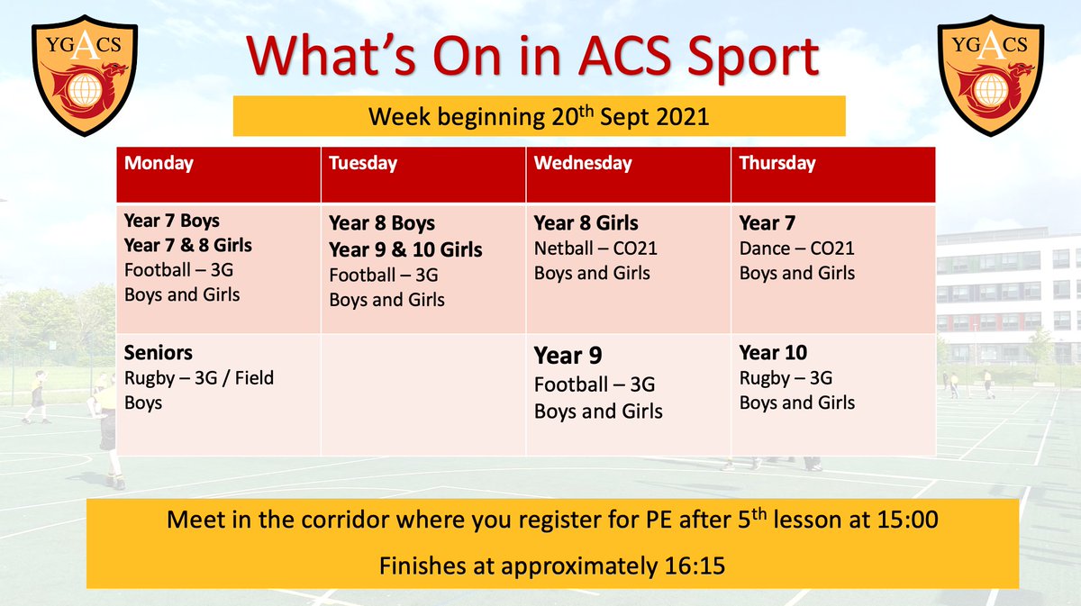 ACS Sport, Health & Well-Being (@acs_sport) on Twitter photo Plan for the week ahead for extra-curricular sport & health as we hope to be on the brink of beginning competitive fixtures the following week*
Let's get active Team ACS! 💪
(*subject to COVID recommendations not altering)
<a href="/AberdareSchool/">Aberdare Community School</a> Plan for the week ahead for extra-curricular sport & health as we hope to be on the brink of beginning competitive fixtures the following week*
Let's get active Team ACS! 💪
(*subject to COVID recommendations not altering)
<a href="/AberdareSchool/">Aberdare Community School</a>