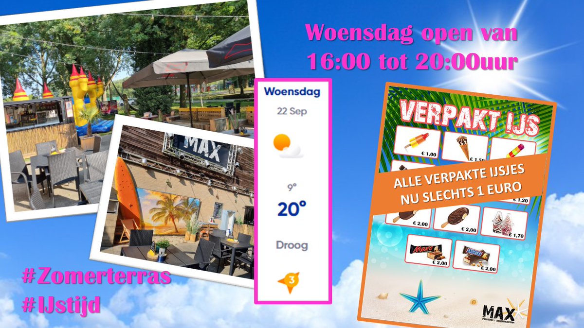 En voor je het weet is het alweer woensdag! Ook vandaag zijn we weer open van 16:00 tot 20:00uur. Ouders die wachten op sportende kinderen kunnen natuurlijk weer heerlijk genieten van een lekker drankje, en na de training een heerlijk Italiaans schepijsje!
#Zomerterras #ijstijd