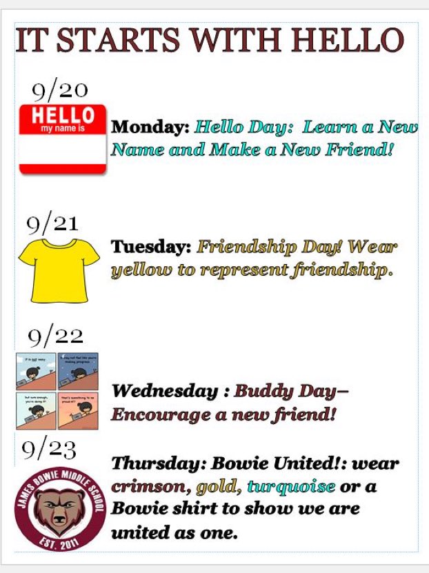 BowieMS_PALS's tweet photo. Tomorrow starts our annual It Starts With Hello Week! We can’t wait for a week of meeting new friends, learning how to make Bowie a more inclusive place, and FUN! See you tomorrow, Bears! @PrincipalShill @FortBendISD @guidingon @NATIONALSAVE @sandyhook https://t.co/OEOf0pXkDu