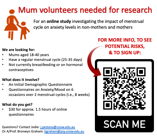 Dr Jodie Pestana (@jodiepestana) on Twitter photo Are you a mum or know a mum aged 18-40 years currently in Australia?👶
We need more mum participants to help us in an online study looking at anxiety across the menstrual cycle. 
For more info & to sign up see: shorturl.at/bixLY
Please share with any mums! #womenshealth Are you a mum or know a mum aged 18-40 years currently in Australia?👶
We need more mum participants to help us in an online study looking at anxiety across the menstrual cycle. 
For more info & to sign up see: shorturl.at/bixLY
Please share with any mums! #womenshealth