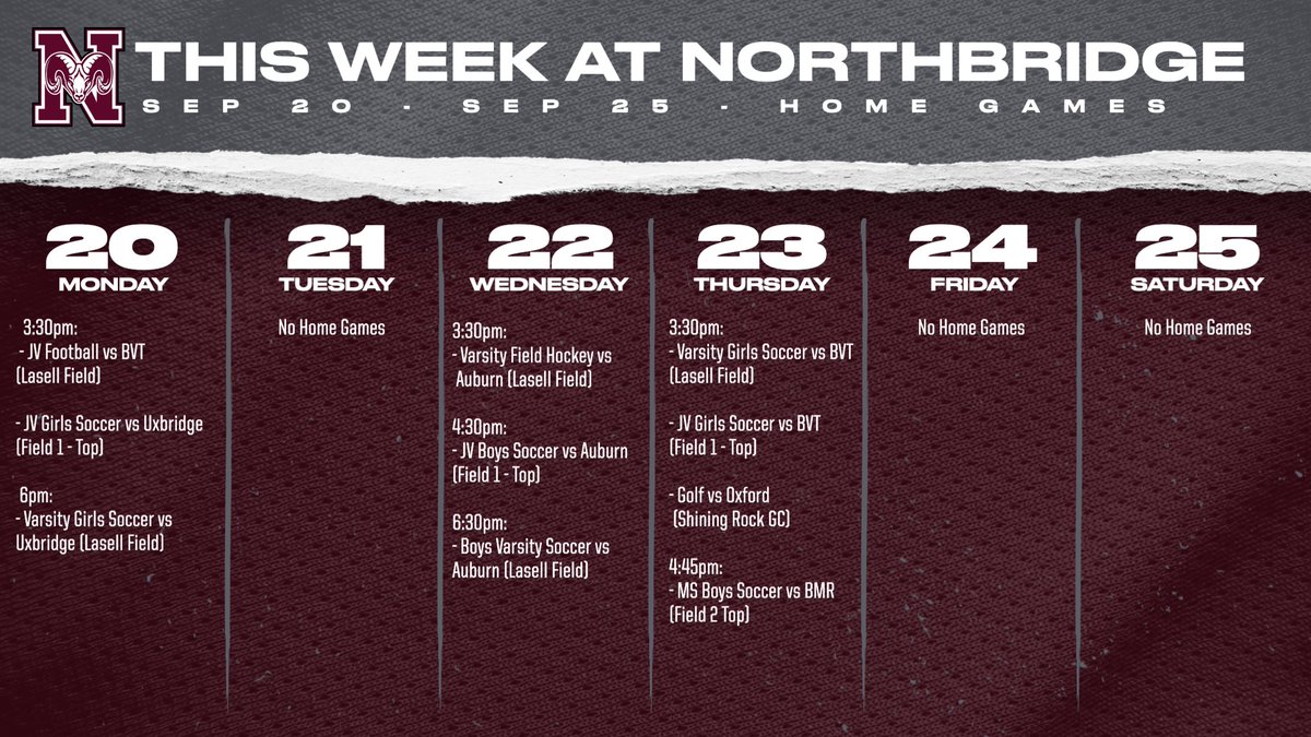 NBRamsAthletics's tweet photo. This Week's Home Games (9/20-9/25):

#GoRams https://t.co/fyIFKQH4Jo