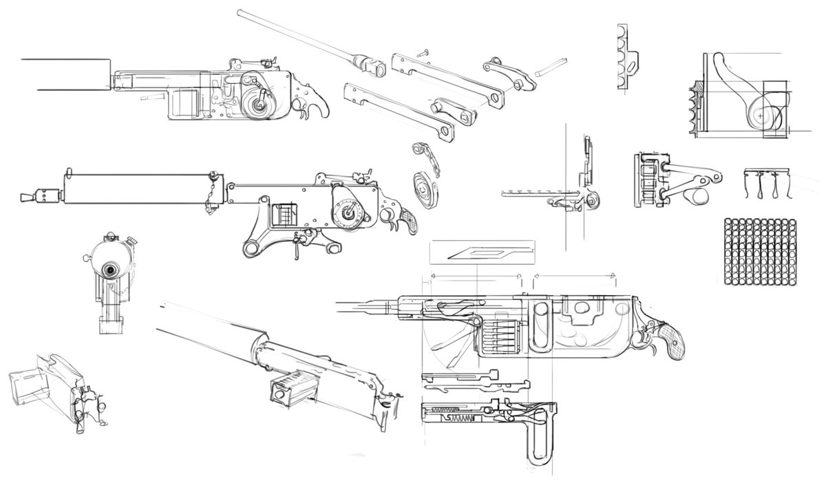 Additional concept art. You can see some examples of the mechanism which pulls rounds from the strip-feed clip (and yes I mean clip, not magazine. The cartridges are being fed from the clip mechanically, not by spring tension). 