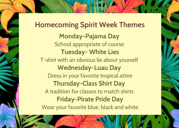 256StuCo's tweet photo. Reminder that Student Council has declared this homecoming week Spirit Week with the themes shown  below, so wear your favorite school appropriate pajamas tomorrow! https://t.co/VgmNj5Nn6q