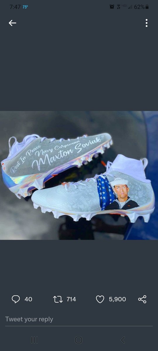 chargertrack17's tweet photo. I coached Max in High School football and track. Please let me know what I can do to get these cleats and retire them with his jersey. I know my buddy Kyle Cory has reached out to you as well. We are very sincere and want to honor him and what he stood for.@bakermayfield https://t.co/7d9FeLerHP