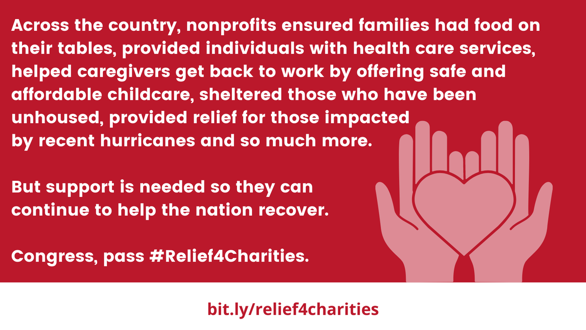 We urge Congress to pass #Relief4Charities, including supporting nonprofit jobs, extending the Employee Retention Tax Credit, and encouraging charitable giving! These resources will enable nonprofits to meet community needs as we recover from the pandemic. bit.ly/relief4chariti…