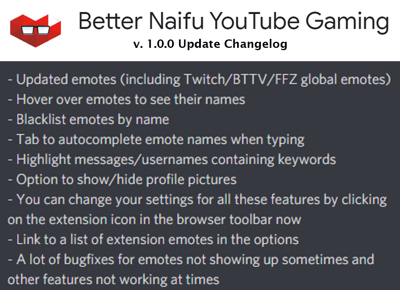 Nairomk Stream The Better Naifu Youtube Gaming Extension For Google Chrome Has Been Updated To 1 0 0 Firefox Version Coming Soon You Can Download The Extension At T Co U0dypox8kk Changelog T Co 2kiigaalzg