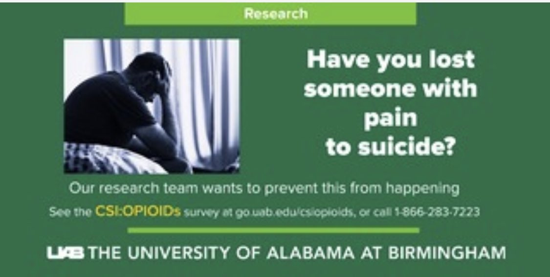 1/3 Have you lost someone with pain to suicide after a change in #opioid medication? We want to learn how to prevent these deaths. Learn more about our @uabnews research survey here (#csiopioids #suicidedue2pain):

go.uab.edu/csiopioids?utm…