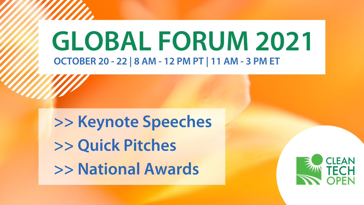 cleantechopen's tweet photo. Join us for our flagship annual event, the @cleantechopen Global Forum, on October 20 - 22, 2021, online. Keynote speeches, quick pitches, national awards & network with industry leaders.
#climatetech #climateevents #ctoglobalforum
Sign up for FREE here: https://t.co/w5JRoUVVhb https://t.co/s31PPHoNDB