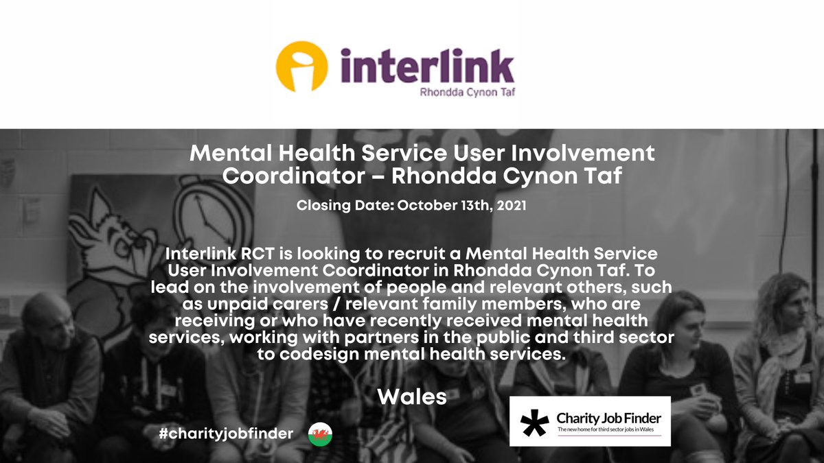 New Job Alert! .<a href="/InterlinkRCT/">Interlink RCT</a> is looking to recruit a Mental Health Service User Involvement Coordinator! This is a Full-time position although job share is considered. Click bit.ly/3Ak9GeJ for all the information.

#charityjobfinder <a href="/JCPinSEWales/">JCP in SE Wales</a>