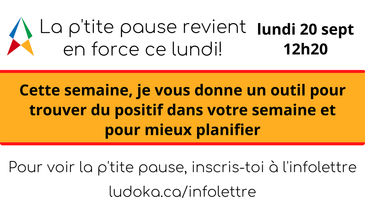 Pierre_leprof's tweet photo. La P’tite pause est de retour demain 12h20. 18 minutes de trucs et d’astuces pour bien commencer ta journée, ta semaine.
Inscris-toi à l’infolettre et tu recevras une invitation à faire partie du groupe du @CaLudoka 
https://t.co/uat5KdqVZh https://t.co/O1ZFtdNGcj