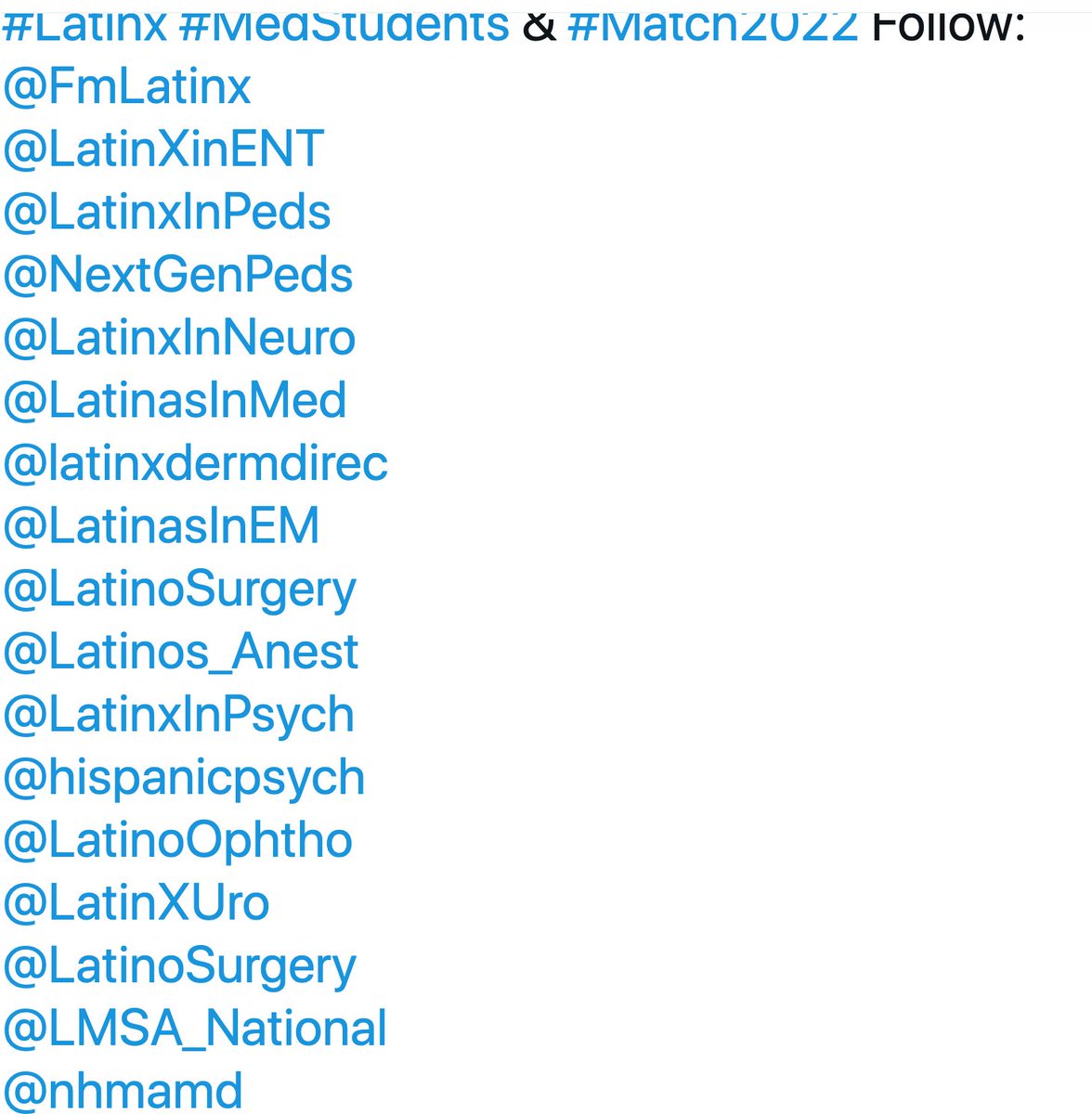 So great to see so many #MedTwitter sites for the #LatinX Community! Know others? Please share! We are honored to amplify! #HispanicHeritageMonth 

Cc: <a href="/MUVUSA_/">MUVUSA_</a> @PeruDoctorsUS
 
#Match2022 #IMG