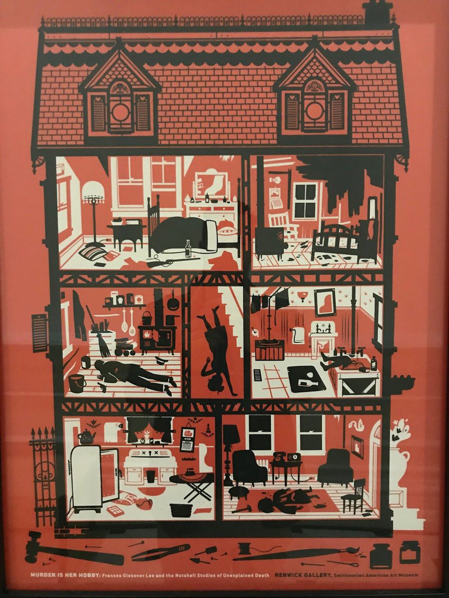 BookLockdown's tweet photo. @ratemyskyperoom @DrMChatelain Spotted: 

Poster for “Murder Is Her Hobby: Frances Glessner Lee and the Nutshell Studies of Unexplained Deaths.” This was a 2017 exhibition at the Smithsonian’s Renwick Gallery about the birth of modern forensics that displayed 19 of Lee’s dollhouse-size crime scenes. https://t.co/t5trABXvTP