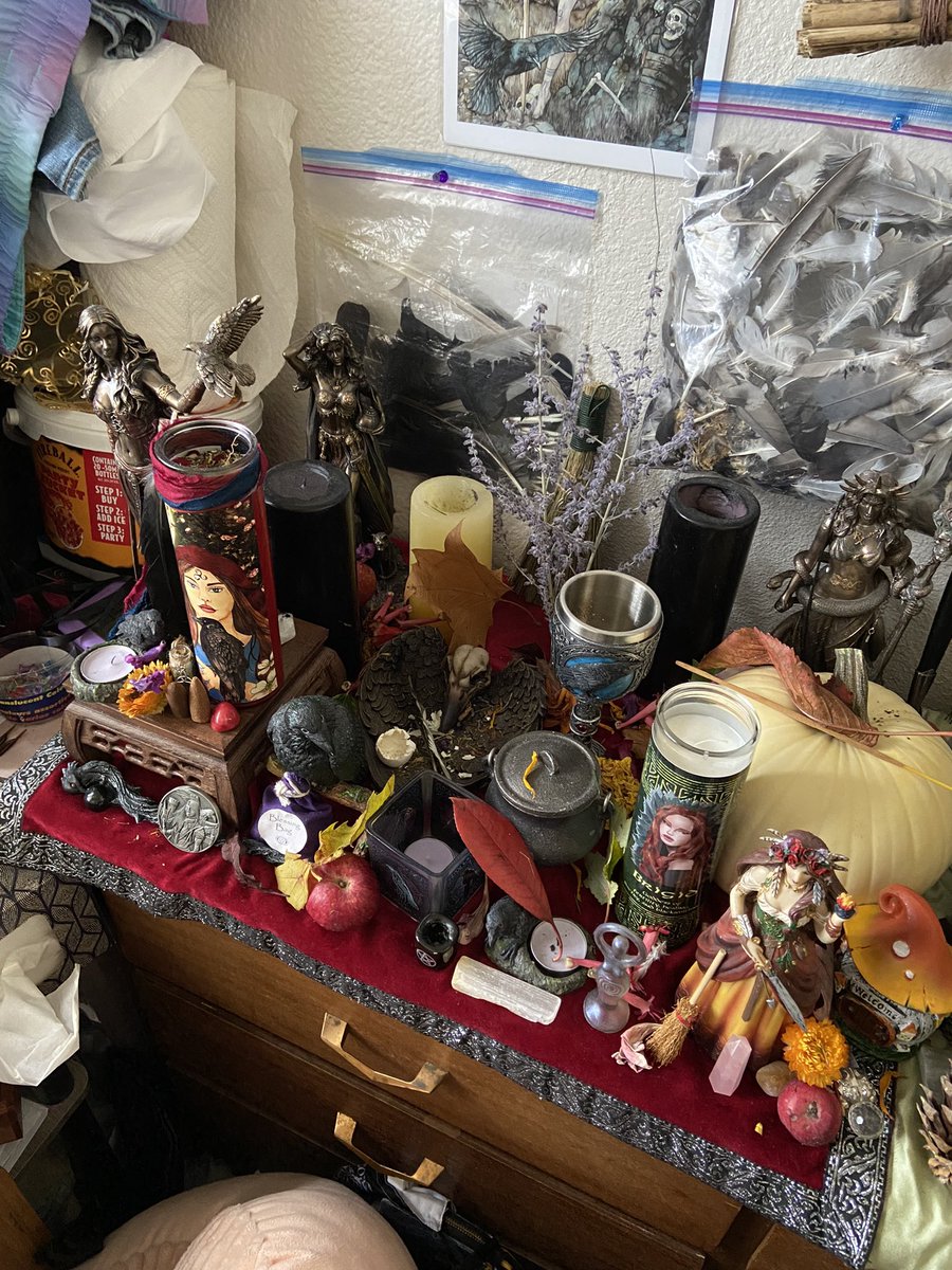 SammieMcIntyr14's tweet image. My altar is all set for Mabon with The God and Goddess approvals 🎃🦉🕸🦌🪶🍁🍂🍃🌾🌕