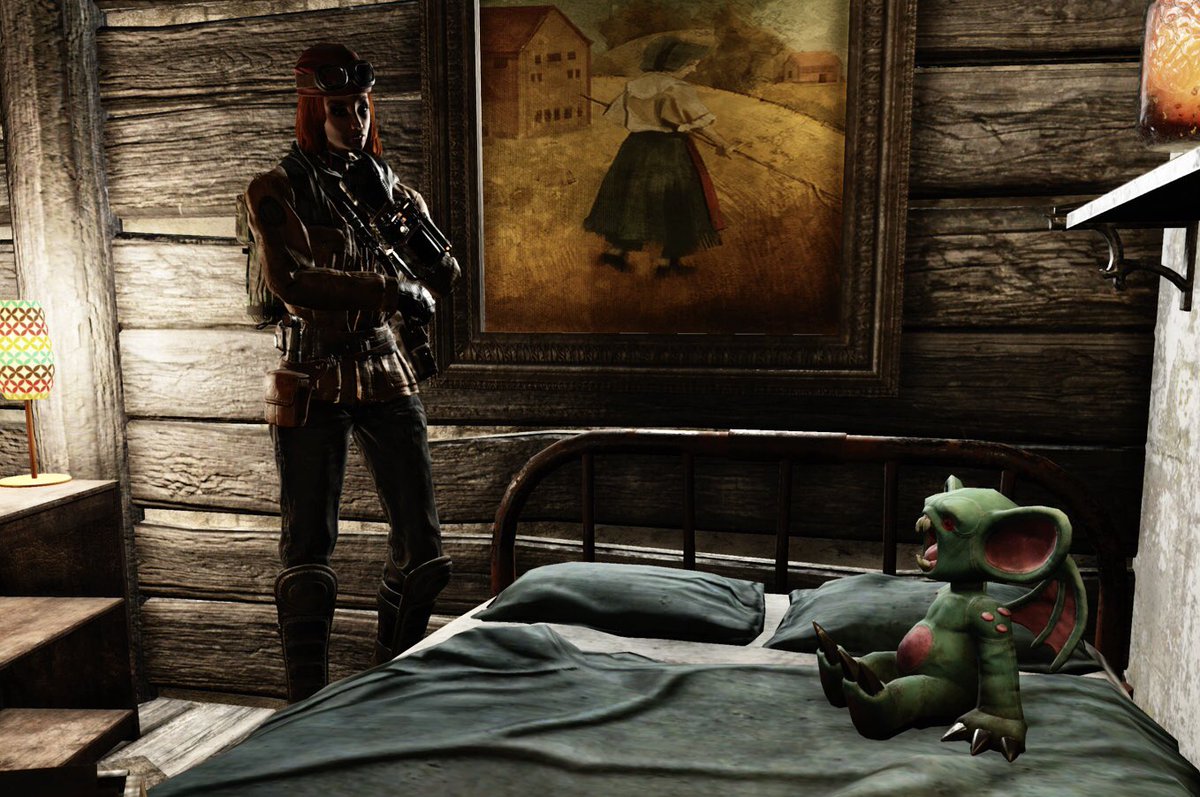 poci82's tweet photo. It's a gremlin!Don't feed him after midnight!(I keep him in a cage for safety!) #fallout76 #fallout76camp #xbox https://t.co/MtrUxuIeLN