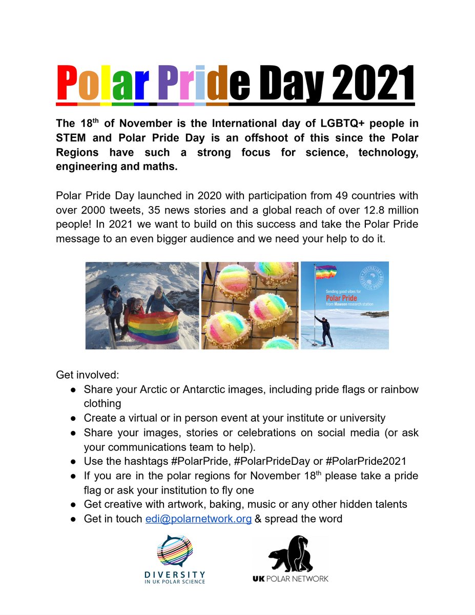 Happy #PolarWeek and a heads up that #PolarPride and #LGBTQSTEMDay are on 18th November 2021. Join us in a global celebration, wherever you are - from the poles, your institutions or online! #DiversityInPolarScience
 #PolarPrideDay #PolarPride2021 #LGBTSTEMDay