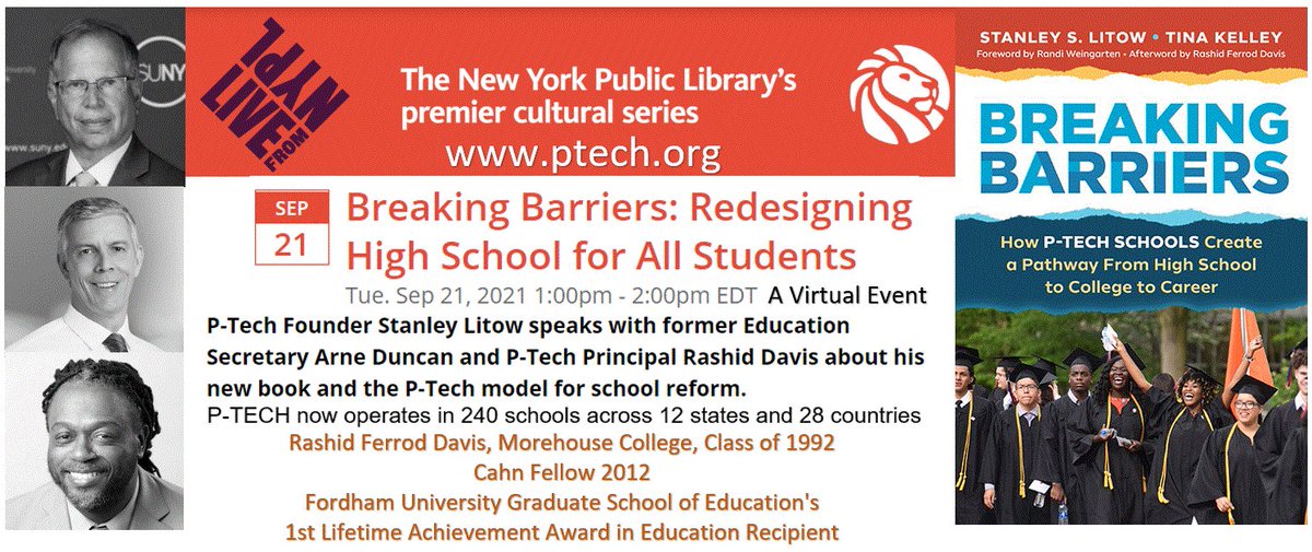 September 21, 2021, 1-2pm Virtual and Free LIVE from <a href="/LIVEfromNYPL/">LIVE from NYPL</a> :

Breaking Barriers: Redesigning High School for All Students

<a href="/arneduncan/">Arne Duncan</a>   <a href="/StanLitow/">Stanley Litow</a>  <a href="/rashidfdavis/">Rashid Ferrod Davis</a>   

nypl.org/events/program…