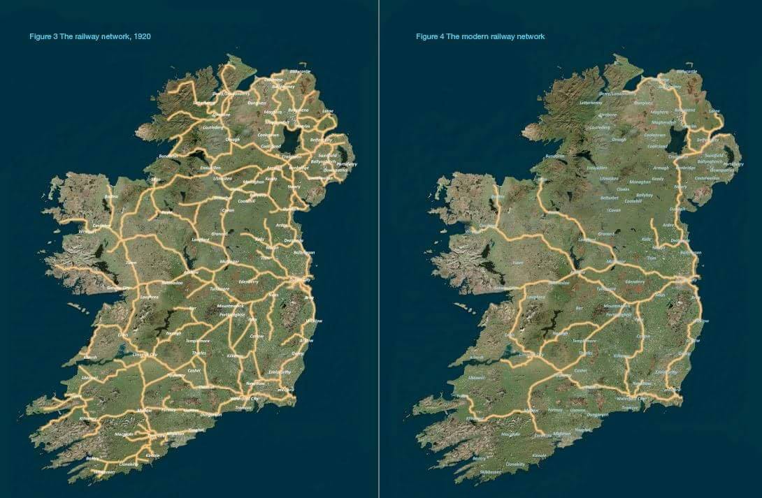 Ireland's railway network in 1920 and how it looks today.