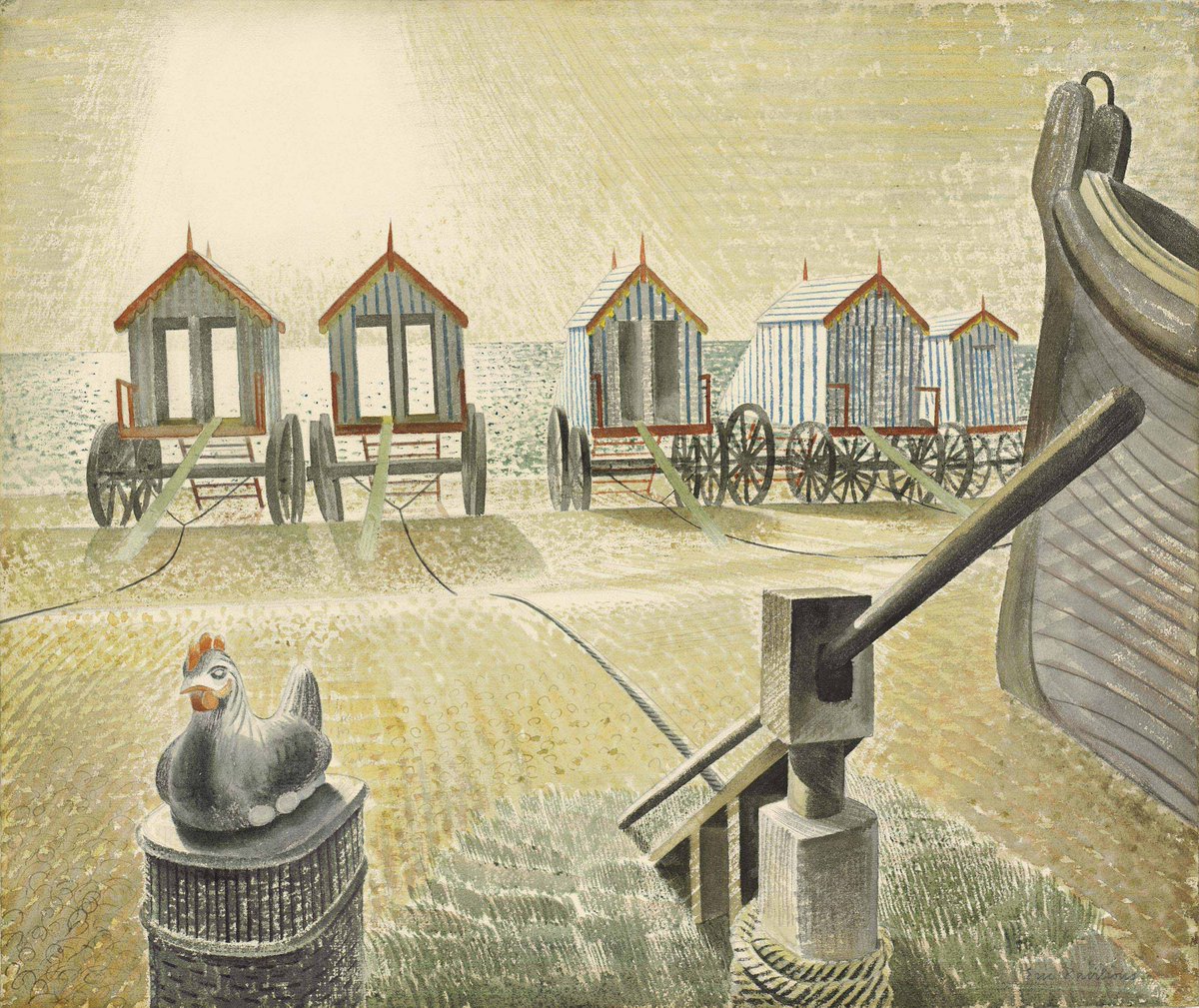 Bathing Machines, Eric Ravilious, 1938. This is one of a series depicting Aldeburgh beach in #Suffolk. The original artwork is in the collection of @TownerGallery.
