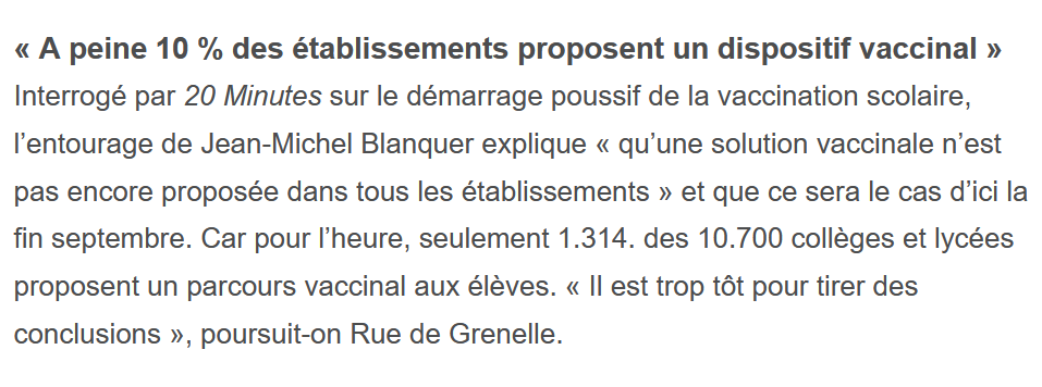 MarieLaureGB's tweet photo. Vous vous rappelez Blanquer dans le JDD il y a un mois ? "dans tous les collèges et lycées de France, élèves et personnels auront accès au vaccin, à proximité ou au sein même de leur établissement"
Et ben un mois plus tard, ô surprise, on est passés de "tous" à 10%. #BlanquerMent https://t.co/IMxeaNjx9X