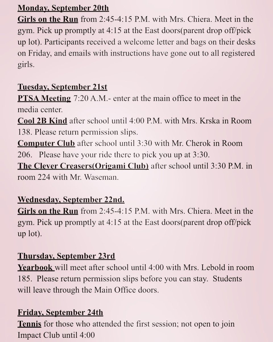 BMS clubs for the week of September 20th!  A few new clubs starting this week! Check them out!!