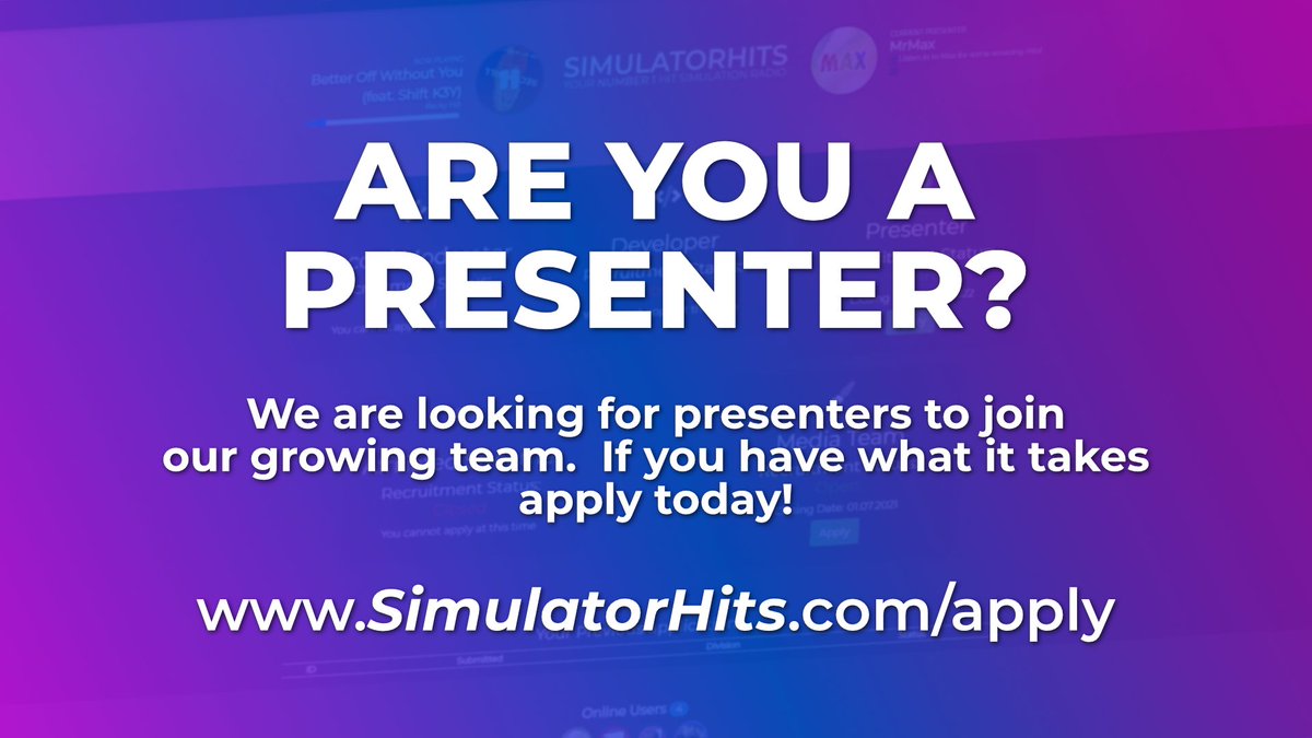 SimulatorHits's tweet image. Do you fancy getting your radio career started? 

Well join the friendly community of SimulatorHits today. Once you join, you become part of a family so head to simulatorhits.com/apply right now!