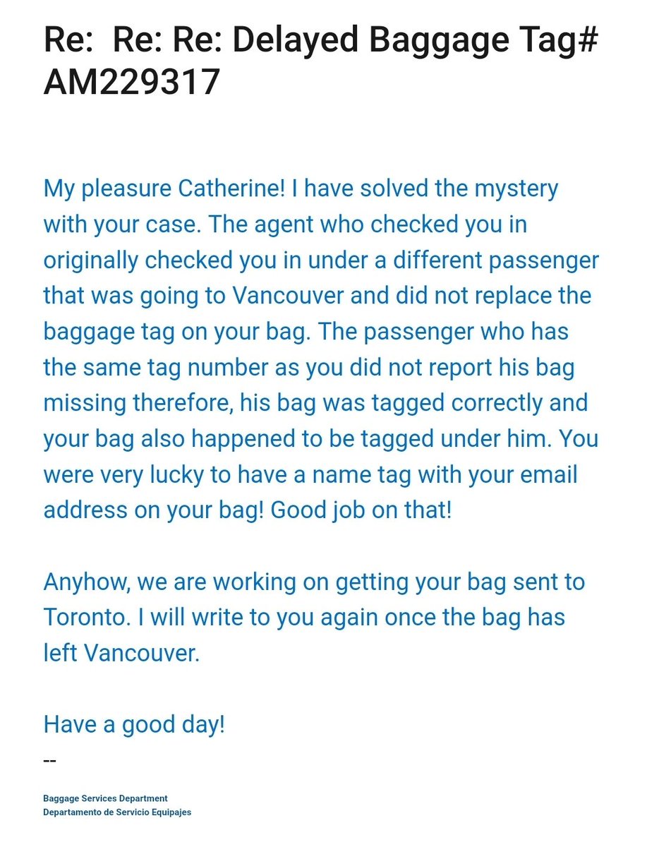 Incompetente servicio <a href="/Aeromexico/">Aeroméxico</a>. 16 días sin respuesta sobre mi maleta destino TORONTO, me contacta Seguridad de VANCOUVER por maleta abandonada. La etiquetaron bajo nombre equivocado en México! <a href="/AM_Escucha/">Aeroméxico escucha</a> ni una disculpa? #badcustomerservice #Aeromexico #servicioalcliente