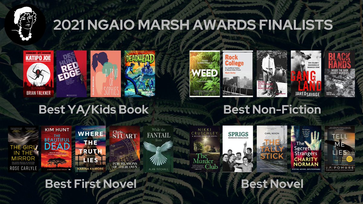 tepoumuramura's tweet photo. This year's @ngaiomarshaward finalists offer thrills and varied perspectives on violence and justice (now with new #nzya category!) #yeahnoir https://t.co/2l1GO1qDkT https://t.co/lpI2ww4tMf