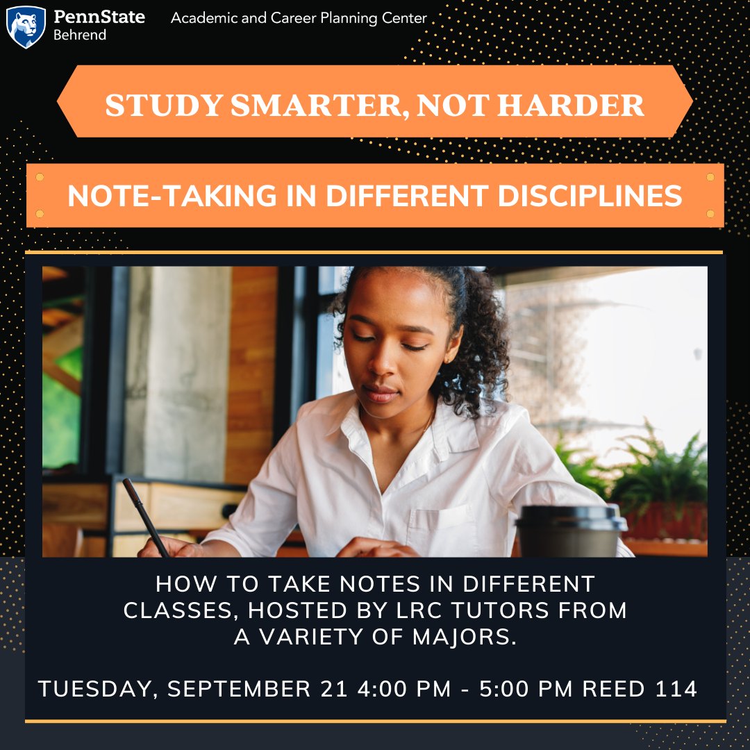 BehrendACPC's tweet photo. Sometimes you have to take your notes in different ways depending on the class. Join the ACPC and LRC Tutors on Tuesday, September 21st from 4:00pm-5:00pm in Reed 114 to learn these different techniques! https://t.co/BQtIPrIFQR